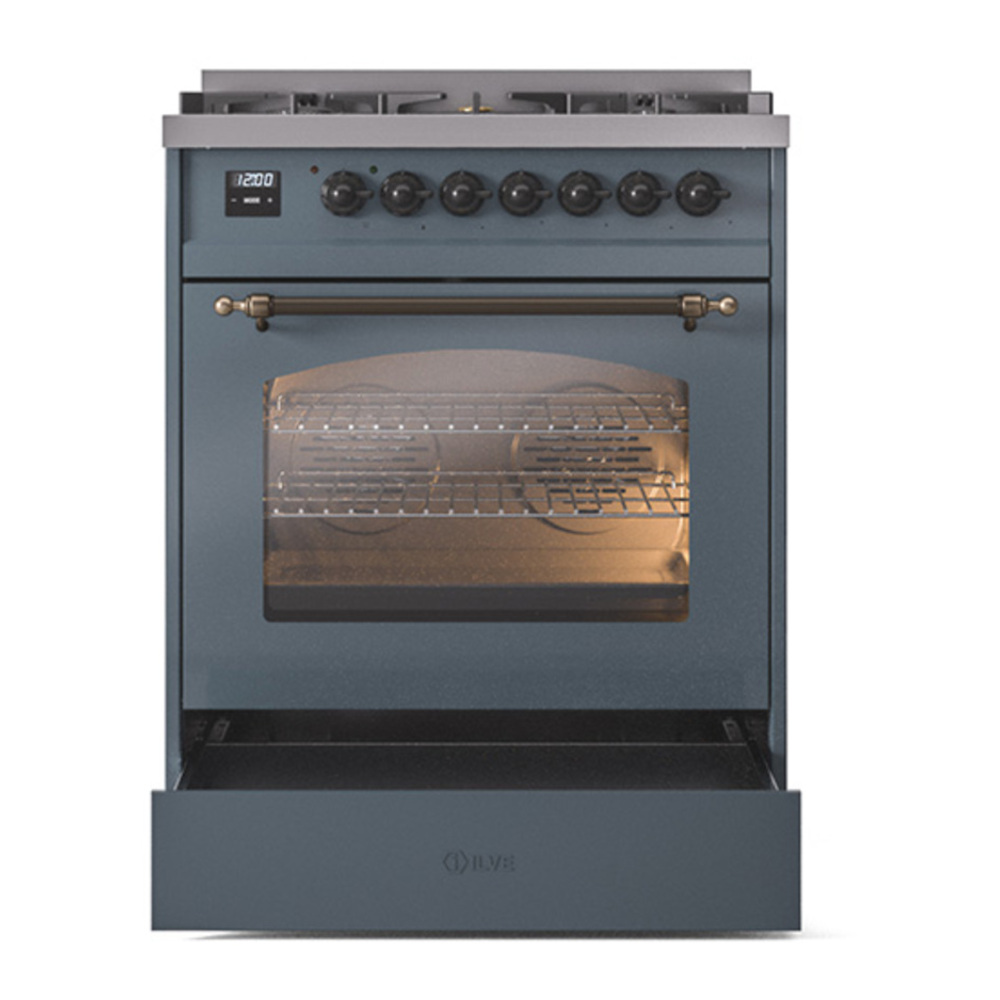 ILVE UP30NMPBGBLP Nostalgie II 30 inch Dual Fuel Range with 5 Burners with 4 cu. ft. Oven Capacity (Liquid Propane, Triple Glass Door, Blue Grey, Burnished) 7 ILVE_UP30NMPBGBLP_Nostalgie_II_30"_Dual_Fuel_Range_drawer_opened