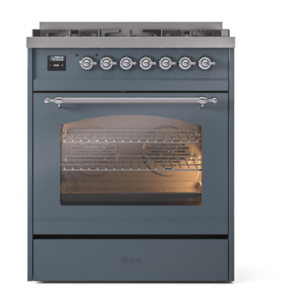 ILVE UP30NMPBGCLP Nostalgie II 30 inch Dual Fuel Range with 5 Burners with 4 cu. ft. Oven Capacity (Liquid Propane, Triple Glass Door, Blue Grey, Chrome) 5 ILVE_UP30NMPBGCLP_Nostalgie_II_30"_Dual_Fuel_Range_front_view