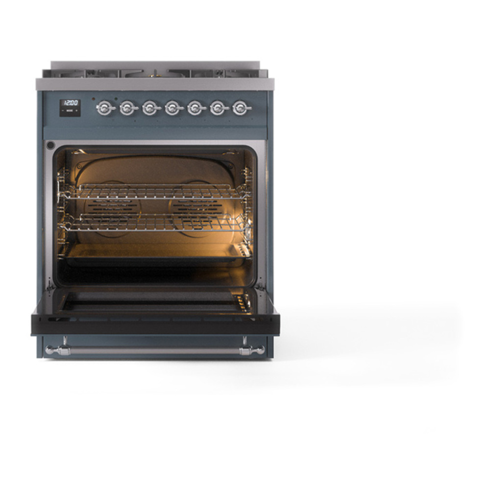 ILVE UP30NMPBGCLP Nostalgie II 30 inch Dual Fuel Range with 5 Burners with 4 cu. ft. Oven Capacity (Liquid Propane, Triple Glass Door, Blue Grey, Chrome) 6 ILVE_UP30NMPBGCLP_Nostalgie_II_30"_Dual_Fuel_Range_door_opened