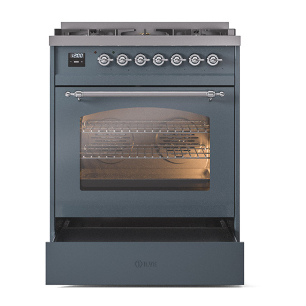 ILVE UP30NMPBGCLP Nostalgie II 30 inch Dual Fuel Range with 5 Burners with 4 cu. ft. Oven Capacity (Liquid Propane, Triple Glass Door, Blue Grey, Chrome) 7 ILVE_UP30NMPBGCLP_Nostalgie_II_30"_Dual_Fuel_Range_drawer_opened
