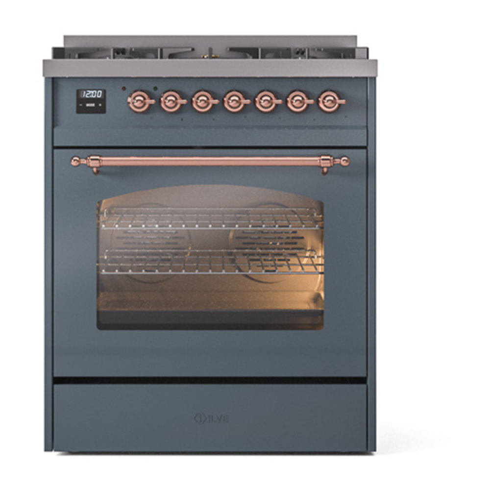 ILVE UP30NMPBGPLP Nostalgie II 30 inch Dual Fuel Range with 5 Burners with 4 cu. ft. Oven Capacity (Liquid Propane, Triple Glass Door, Blue Grey, Copper) 5 ILVE_UP30NMPBGPLP_Nostalgie_II_30"_Dual_Fuel_Range_front_view