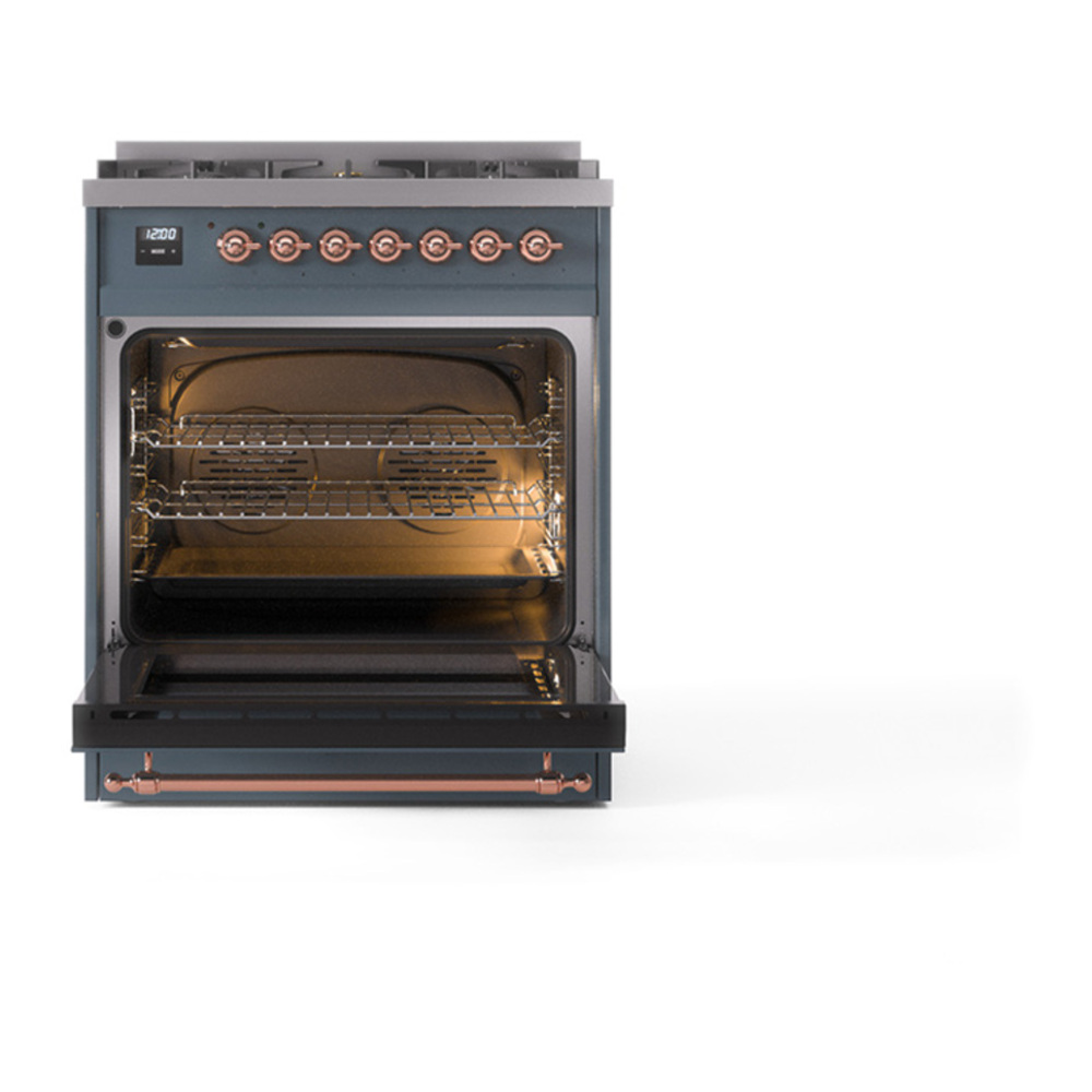 ILVE UP30NMPBGPLP Nostalgie II 30 inch Dual Fuel Range with 5 Burners with 4 cu. ft. Oven Capacity (Liquid Propane, Triple Glass Door, Blue Grey, Copper) 6 ILVE_UP30NMPBGPLP_Nostalgie_II_30"_Dual_Fuel_Range_door_opened