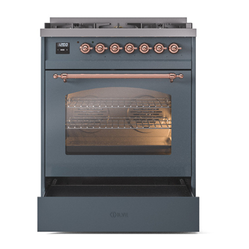 ILVE UP30NMPBGPLP Nostalgie II 30 inch Dual Fuel Range with 5 Burners with 4 cu. ft. Oven Capacity (Liquid Propane, Triple Glass Door, Blue Grey, Copper) 7 ILVE_UP30NMPBGPLP_Nostalgie_II_30"_Dual_Fuel_Range_drawer_opened