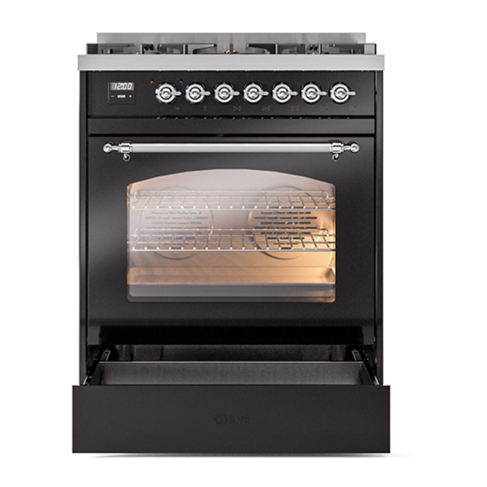 ILVE UP30NMPBKCLP Nostalgie II 30 inch Dual Fuel Range with 5 Burners with 4 cu. ft. Oven Capacity (Liquid Propane, Triple Glass Door, Glossy Black, Chrome) 7 ILVE_UP30NMPBKCLP_Nostalgie_II_30"_Dual_Fuel_Range_drawer_opened