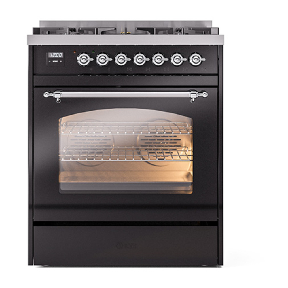 ILVE UP30NMPBKC Nostalgie II 30 inch Dual Fuel Range with 5 Burners with 4 cu. ft. Oven Capacity (Natural Gas, Triple Glass Door, Glossy Black, Chrome) 5 ILVE_UP30NMPBKC_Nostalgie_II_30"_Dual_Fuel_Range_front_view
