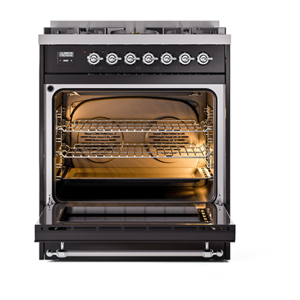 ILVE UP30NMPBKC Nostalgie II 30 inch Dual Fuel Range with 5 Burners with 4 cu. ft. Oven Capacity (Natural Gas, Triple Glass Door, Glossy Black, Chrome) 6 ILVE_UP30NMPBKC_Nostalgie_II_30"_Dual_Fuel_Range_door_opened