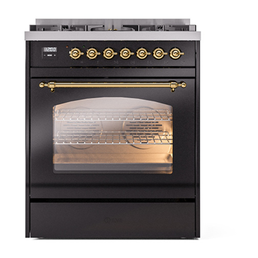 ILVE UP30NMPBKGLP Nostalgie II 30 inch Dual Fuel Range with 5 Burners with 4 cu. ft. Oven Capacity (Liquid Propane, Triple Glass Door, Glossy Black, Brass) 2 ILVE_UP30NMPBKGLP_Nostalgie_II_30"_Dual_Fuel_Range_front_view