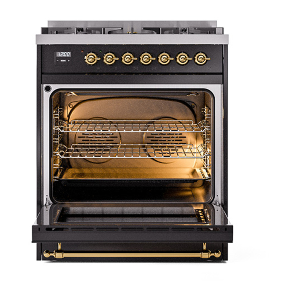 ILVE UP30NMPBKG Nostalgie II 30 inch Dual Fuel Range with 5 Burners with 4 cu. ft. Oven Capacity (Natural Gas, Triple Glass Door, Glossy Black, Brass) 6 ILVE_UP30NMPBKG_Nostalgie_II_30"_Dual_Fuel_Range_oven_door_opened