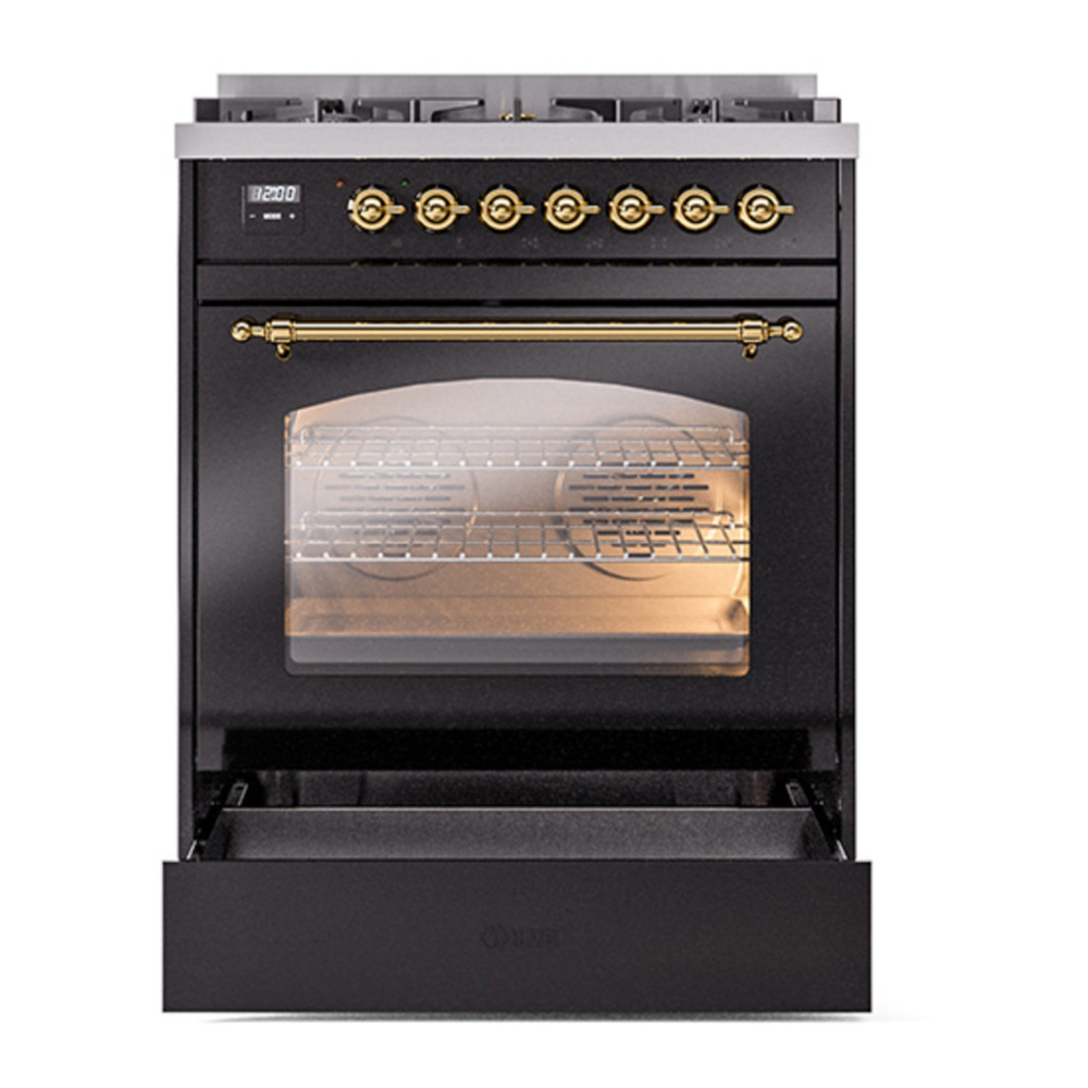 ILVE UP30NMPBKG Nostalgie II 30 inch Dual Fuel Range with 5 Burners with 4 cu. ft. Oven Capacity (Natural Gas, Triple Glass Door, Glossy Black, Brass) 7 ILVE_UP30NMPBKG_Nostalgie_II_30"_Dual_Fuel_Range_drawer_opened