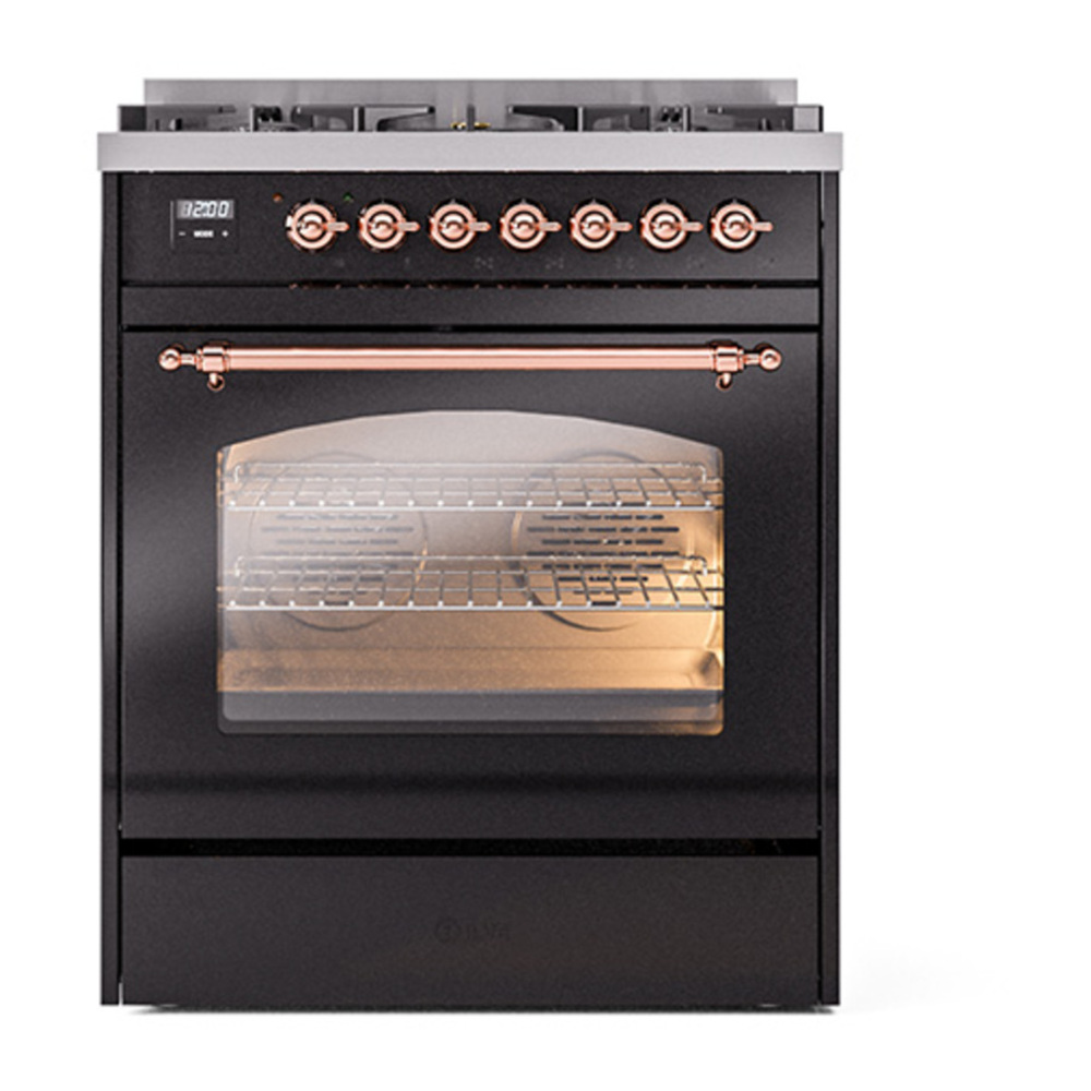 ILVE UP30NMPBKPLP Nostalgie II 30 inch Dual Fuel Range with 5 Burners with 4 cu. ft. Oven Capacity (Liquid Propane, Triple Glass Door, Glossy Black, Copper) 5 ILVE_UP30NMPBKPLP_Nostalgie_II_30"_Dual_Fuel_Range_front_view
