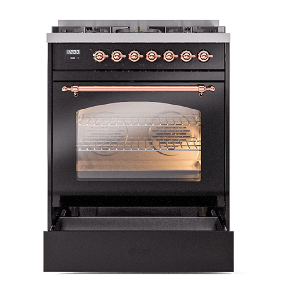 ILVE UP30NMPBKP Nostalgie II 30 inch Dual Fuel Range with 5 Burners with 4 cu. ft. Oven Capacity (Natural Gas, Triple Glass Door, Glossy Black, Copper) 7 ILVE_UP30NMPBKP_Nostalgie_II_30"_Dual_Fuel_Range_drawer_opened