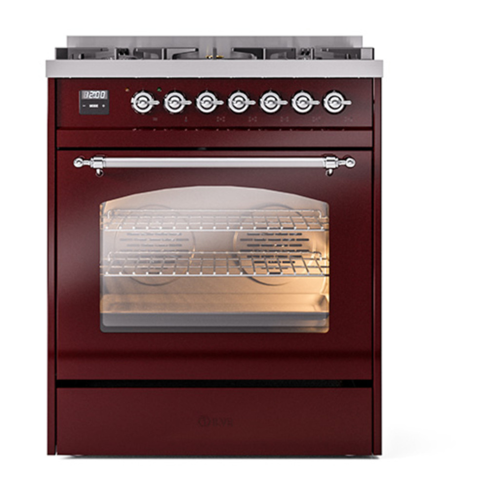ILVE UP30NMPBUC Nostalgie II 30 inch Dual Fuel Range with 5 Burners with 4 cu. ft. Oven Capacity (Natural Gas, Triple Glass Door, Burgundy, Chrome) 5 ILVE_UP30NMPBUC_Nostalgie_II_30"_Dual_Fuel_Range_front_view