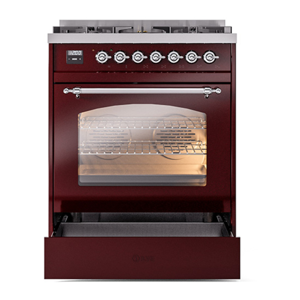 ILVE UP30NMPBUC Nostalgie II 30 inch Dual Fuel Range with 5 Burners with 4 cu. ft. Oven Capacity (Natural Gas, Triple Glass Door, Burgundy, Chrome) 7 ILVE_UP30NMPBUC_Nostalgie_II_30"_Dual_Fuel_Range_drawer_opened