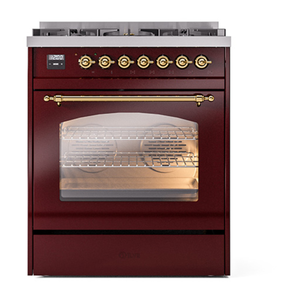 ILVE UP30NMPBUGLP Nostalgie II 30 inch Dual Fuel Range with 5 Burners with 4 cu. ft. Oven Capacity (Liquid Propane, Triple Glass Door, Burgundy, Brass) 6 ILVE_UP30NMPBUGLP_Nostalgie_II_30"_Dual_Fuel_Range_front_view
