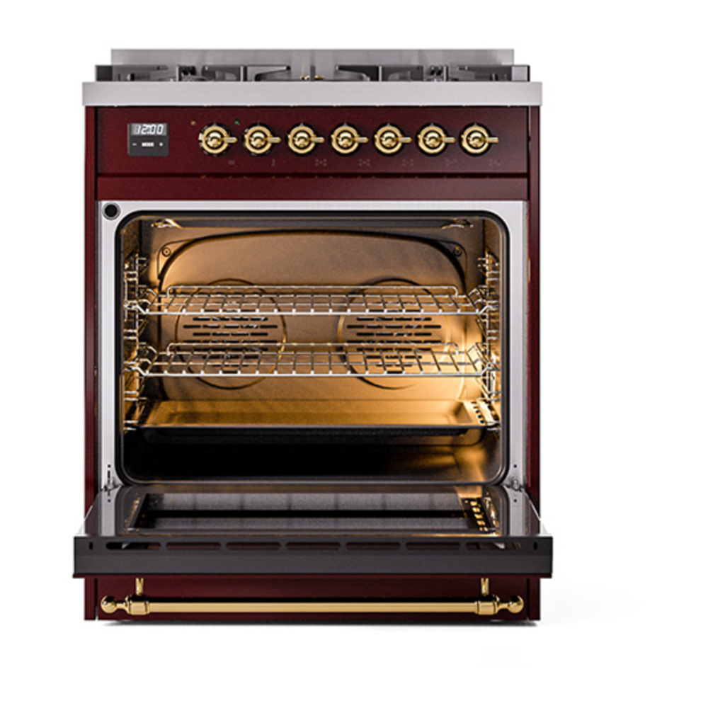 ILVE UP30NMPBUGLP Nostalgie II 30 inch Dual Fuel Range with 5 Burners with 4 cu. ft. Oven Capacity (Liquid Propane, Triple Glass Door, Burgundy, Brass) 5 ILVE_UP30NMPBUGLP_Nostalgie_II_30"_Dual_Fuel_Range_oven_door_opened
