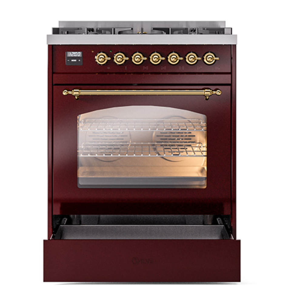 ILVE UP30NMPBUGLP Nostalgie II 30 inch Dual Fuel Range with 5 Burners with 4 cu. ft. Oven Capacity (Liquid Propane, Triple Glass Door, Burgundy, Brass) 7 ILVE_UP30NMPBUGLP_Nostalgie_II_30"_Dual_Fuel_Range_drawer_opened