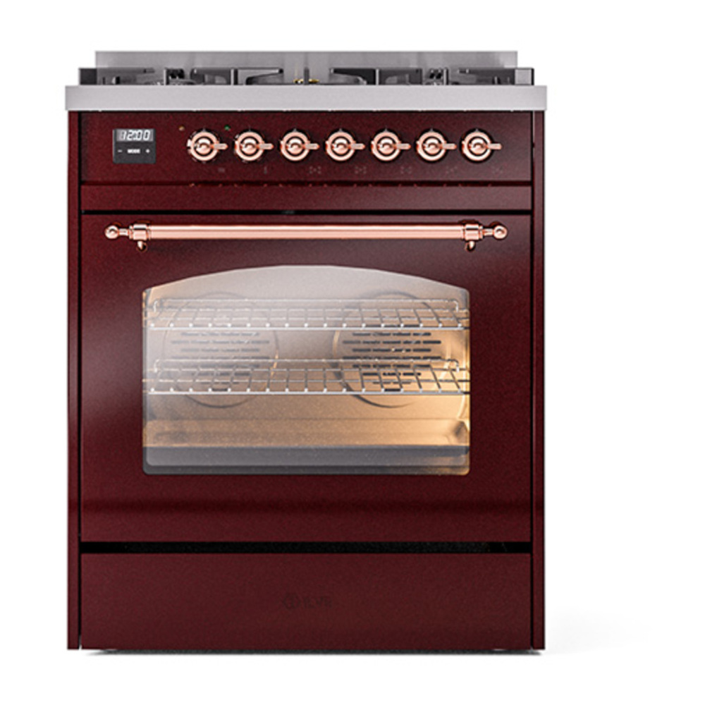 ILVE UP30NMPBUPLP Nostalgie II 30 inch Dual Fuel Range with 5 Burners with 4 cu. ft. Oven Capacity (Liquid Propane, Triple Glass Door, Burgundy, Copper) 5 ILVE_UP30NMPBUPLP_Nostalgie_II_30"_Dual_Fuel_Range_front_view