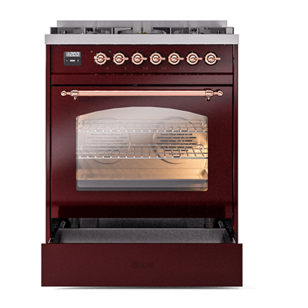 ILVE UP30NMPBUP Nostalgie II 30 inch Dual Fuel Range with 5 Burners with 4 cu. ft. Oven Capacity (Natural Gas, Triple Glass Door, Burgundy, Copper) 7 ILVE_UP30NMPBUP_Nostalgie_II_30"_Dual_Fuel_Range_drawer_opened