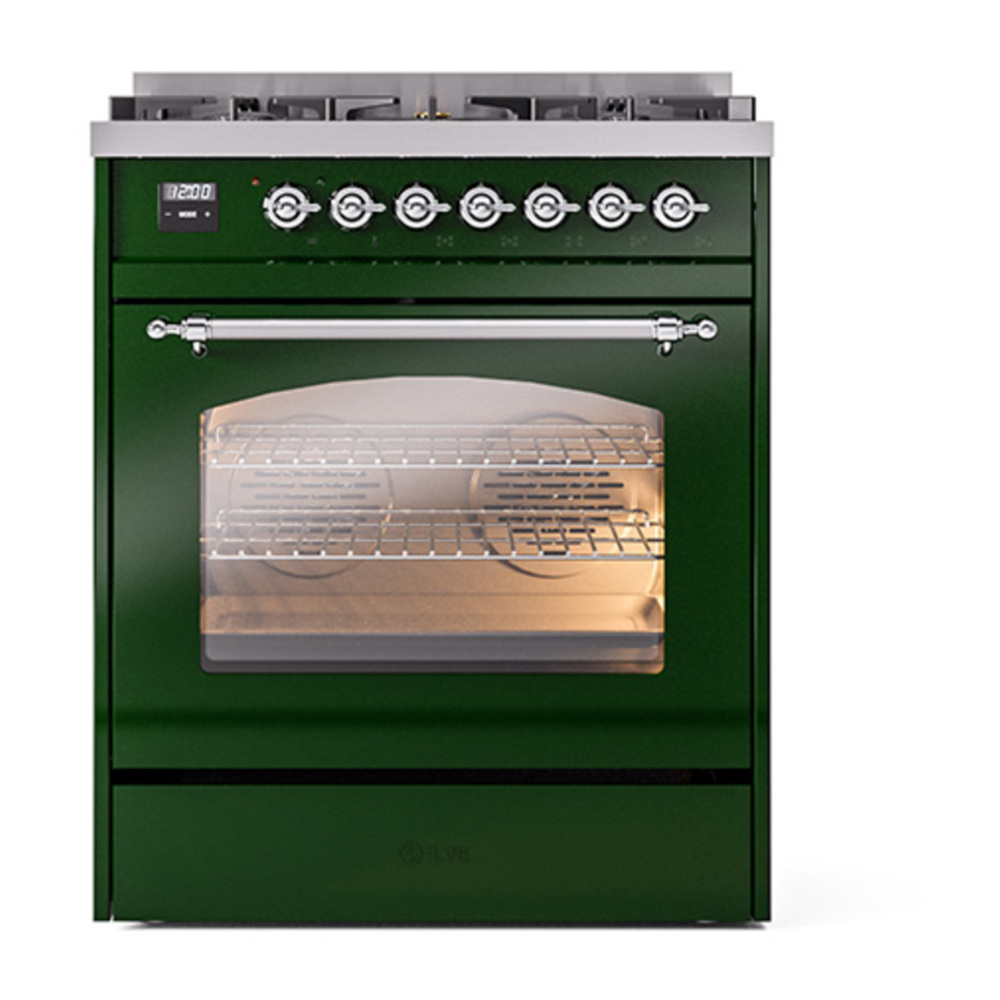 ILVE UP30NMPEGC Nostalgie II 30 inch Dual Fuel Range with 5 Burners with 4 cu. ft. Oven Capacity (Natural Gas, Triple Glass Door, Emerald Green, Chrome) 5 ILVE_UP30NMPEGC_Nostalgie_II_30"_Dual_Fuel_Range_front_view