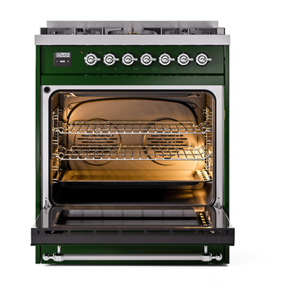 ILVE UP30NMPEGC Nostalgie II 30 inch Dual Fuel Range with 5 Burners with 4 cu. ft. Oven Capacity (Natural Gas, Triple Glass Door, Emerald Green, Chrome) 6 ILVE_UP30NMPEGC_Nostalgie_II_30"_Dual_Fuel_Range_oven_door_opened
