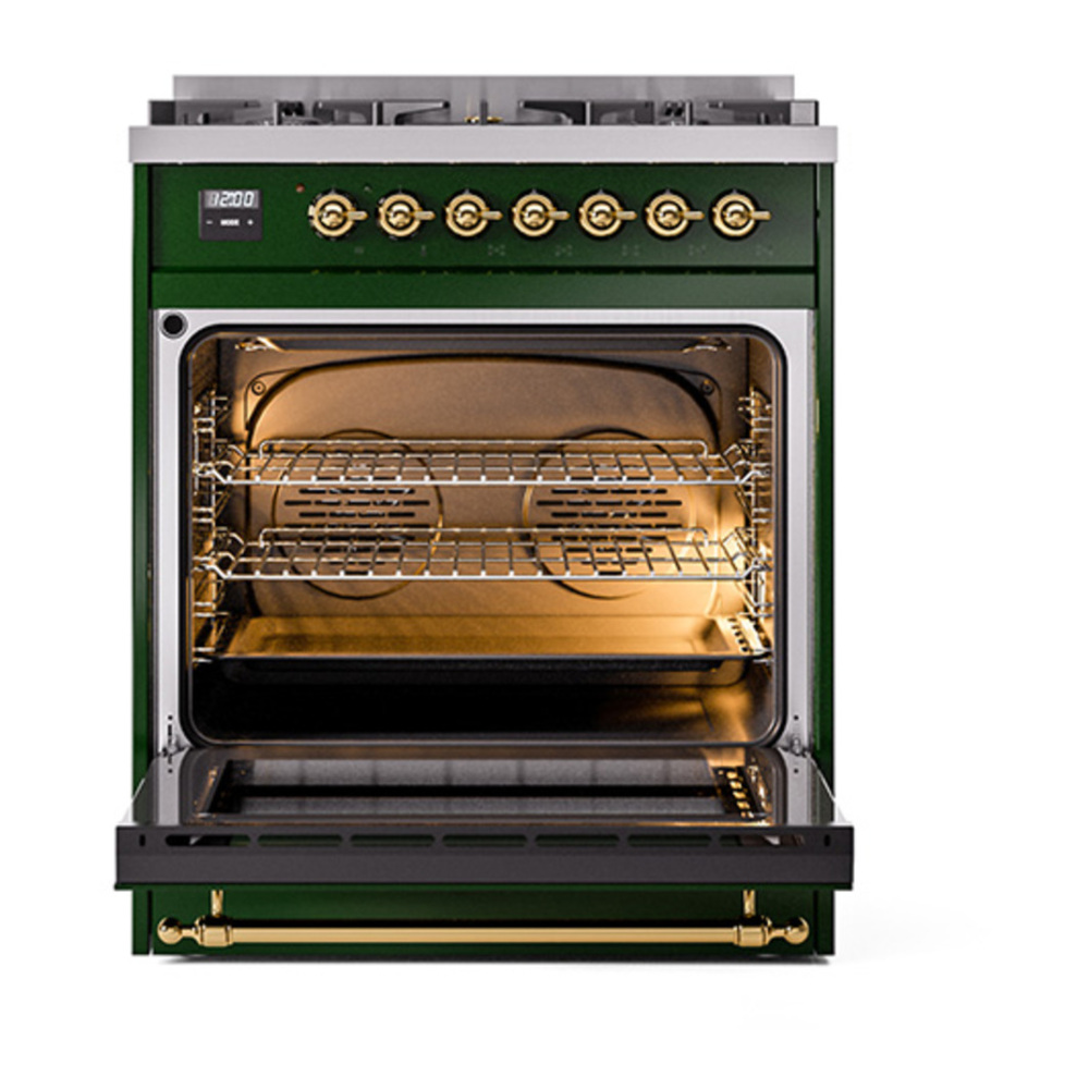 ILVE UP30NMPEGG Nostalgie II 30 inch Dual Fuel Range with 5 Burners with 4 cu. ft. Oven Capacity (Natural Gas, Triple Glass Door, Emerald Green, Brass) 6 ILVE_UP30NMPEGG_Nostalgie_II_30"_Dual_Fuel_Range_oven_door_opened