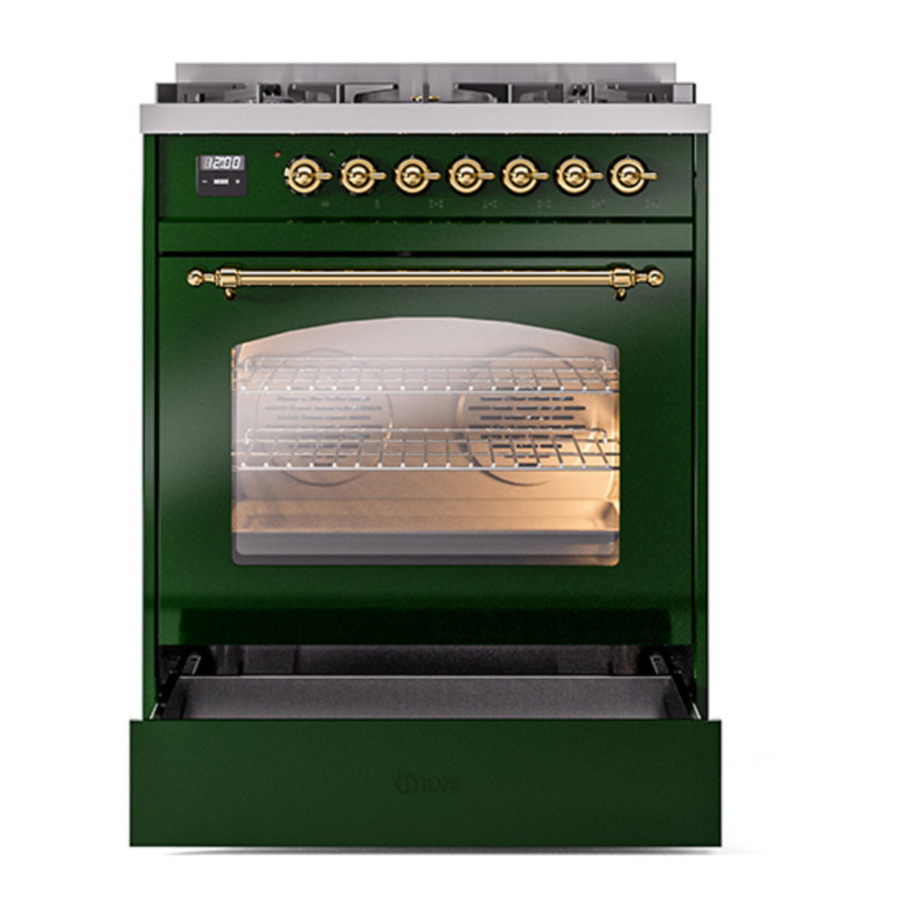 ILVE UP30NMPEGG Nostalgie II 30 inch Dual Fuel Range with 5 Burners with 4 cu. ft. Oven Capacity (Natural Gas, Triple Glass Door, Emerald Green, Brass) 7 ILVE_UP30NMPEGG_Nostalgie_II_30"_Dual_Fuel_Range_drawer_opened