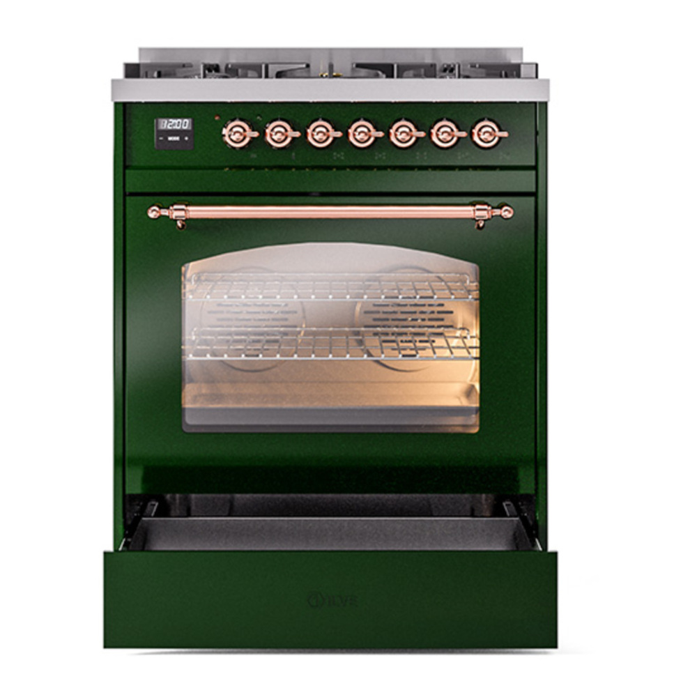 ILVE UP30NMPEGPLP Nostalgie II 30 inch Dual Fuel Range with 5 Burners with 4 cu. ft. Oven Capacity (Liquid Propane, Triple Glass Door, Emerald Green, Copper) 7 ILVE_UP30NMPEGPLP_Nostalgie_II_30"_Dual_Fuel_Range_drawer_opened