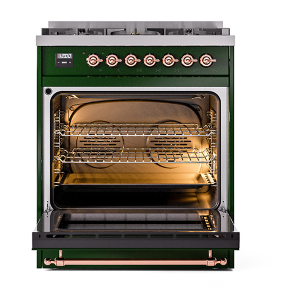 ILVE UP30NMPEGP Nostalgie II 30 inch Dual Fuel Range with 5 Burners with 4 cu. ft. Oven Capacity (Natural Gas, Triple Glass Door, Emerald Green, Copper) 6 ILVE_UP30NMPEGP_Nostalgie_II_30"_Dual_Fuel_Range_oven_door_opened