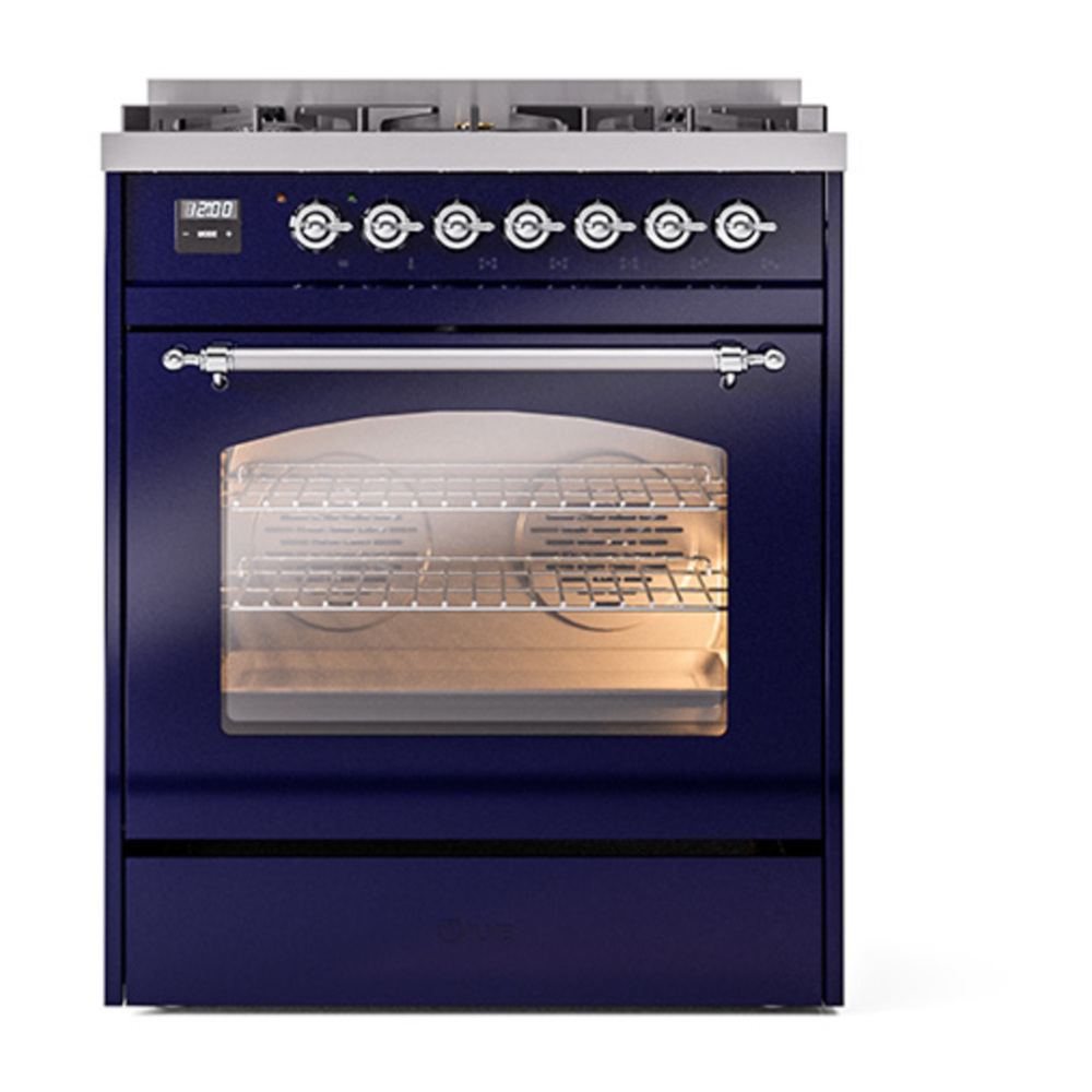 ILVE UP30NMPMBCLP Nostalgie II 30 inch Dual Fuel Range with 5 Burners with 4 cu. ft. Oven Capacity (Liquid Propane, Triple Glass Door, Midnight Blue, Chrome) 5 ILVE_UP30NMPMBCLP_Nostalgie_II_30"_Dual_Fuel_Range_front_view