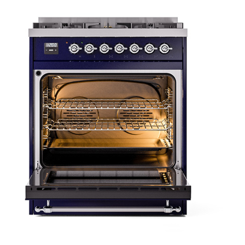 ILVE UP30NMPMBCLP Nostalgie II 30 inch Dual Fuel Range with 5 Burners with 4 cu. ft. Oven Capacity (Liquid Propane, Triple Glass Door, Midnight Blue, Chrome) 6 ILVE_UP30NMPMBCLP_Nostalgie_II_30"_Dual_Fuel_Range_oven_door_opened