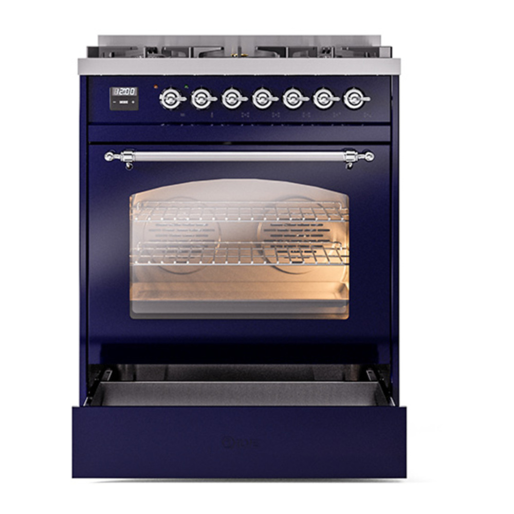 ILVE UP30NMPMBC Nostalgie II 30 inch Dual Fuel Range with 5 Burners with 4 cu. ft. Oven Capacity (Natural Gas, Triple Glass Door, Midnight Blue, Chrome) 7 ILVE_UP30NMPMBC_Nostalgie_II_30"_Dual_Fuel_Range_drawer_opened