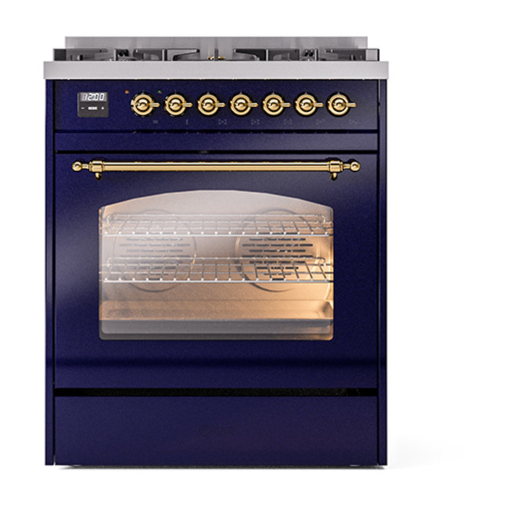 ILVE UP30NMPMBG Nostalgie II 30 inch Dual Fuel Range with 5 Burners with 4 cu. ft. Oven Capacity (Natural Gas, Triple Glass Door, Midnight Blue, Brass) 5 ILVE_UP30NMPMBG_Nostalgie_II_30"_Dual_Fuel_Range_front_view