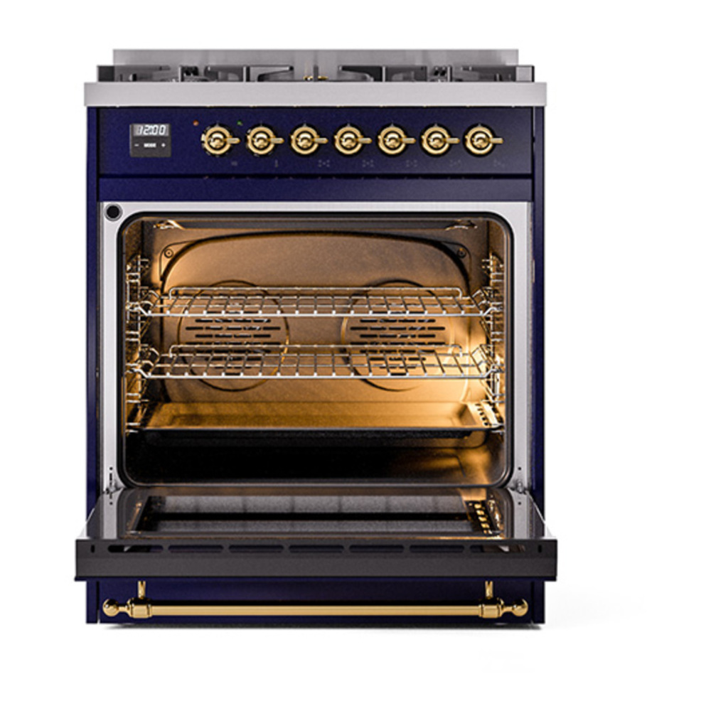 ILVE UP30NMPMBG Nostalgie II 30 inch Dual Fuel Range with 5 Burners with 4 cu. ft. Oven Capacity (Natural Gas, Triple Glass Door, Midnight Blue, Brass) 6 ILVE_UP30NMPMBG_Nostalgie_II_30"_Dual_Fuel_Range_oven_door_opened