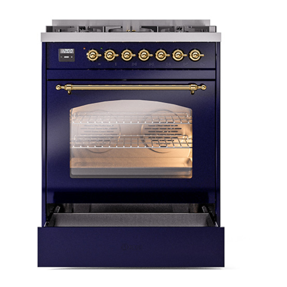 ILVE UP30NMPMBG Nostalgie II 30 inch Dual Fuel Range with 5 Burners with 4 cu. ft. Oven Capacity (Natural Gas, Triple Glass Door, Midnight Blue, Brass) 7 ILVE_UP30NMPMBG_Nostalgie_II_30"_Dual_Fuel_Range_drawer_opened