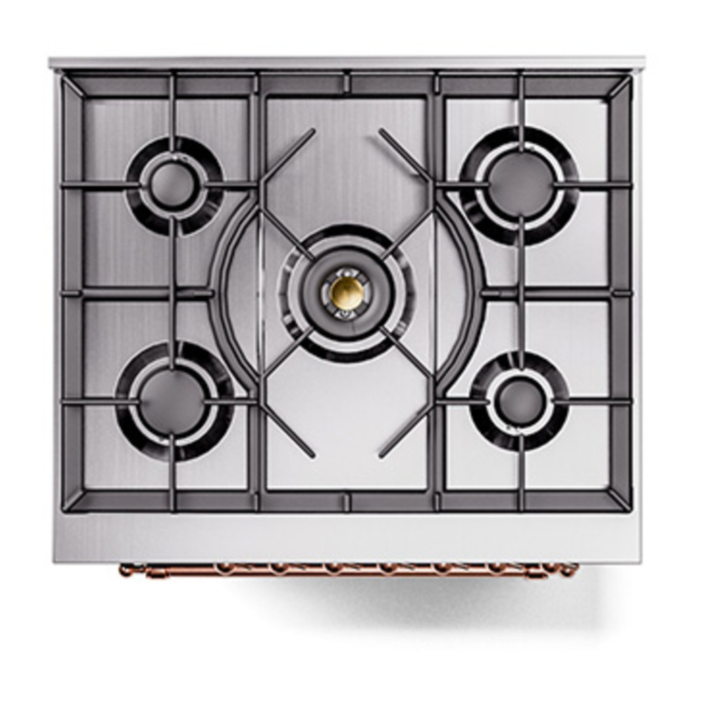 ILVE UP30NMPMBPLP Nostalgie II 30 inch Dual Fuel Range with 5 Burners with 4 cu. ft. Oven Capacity (Liquid Propane, Triple Glass Door, Midnight Blue, Copper) 9 ILVE_UP30NMPMBPLP_Nostalgie_II_30"_Dual_Fuel_Range_top_view