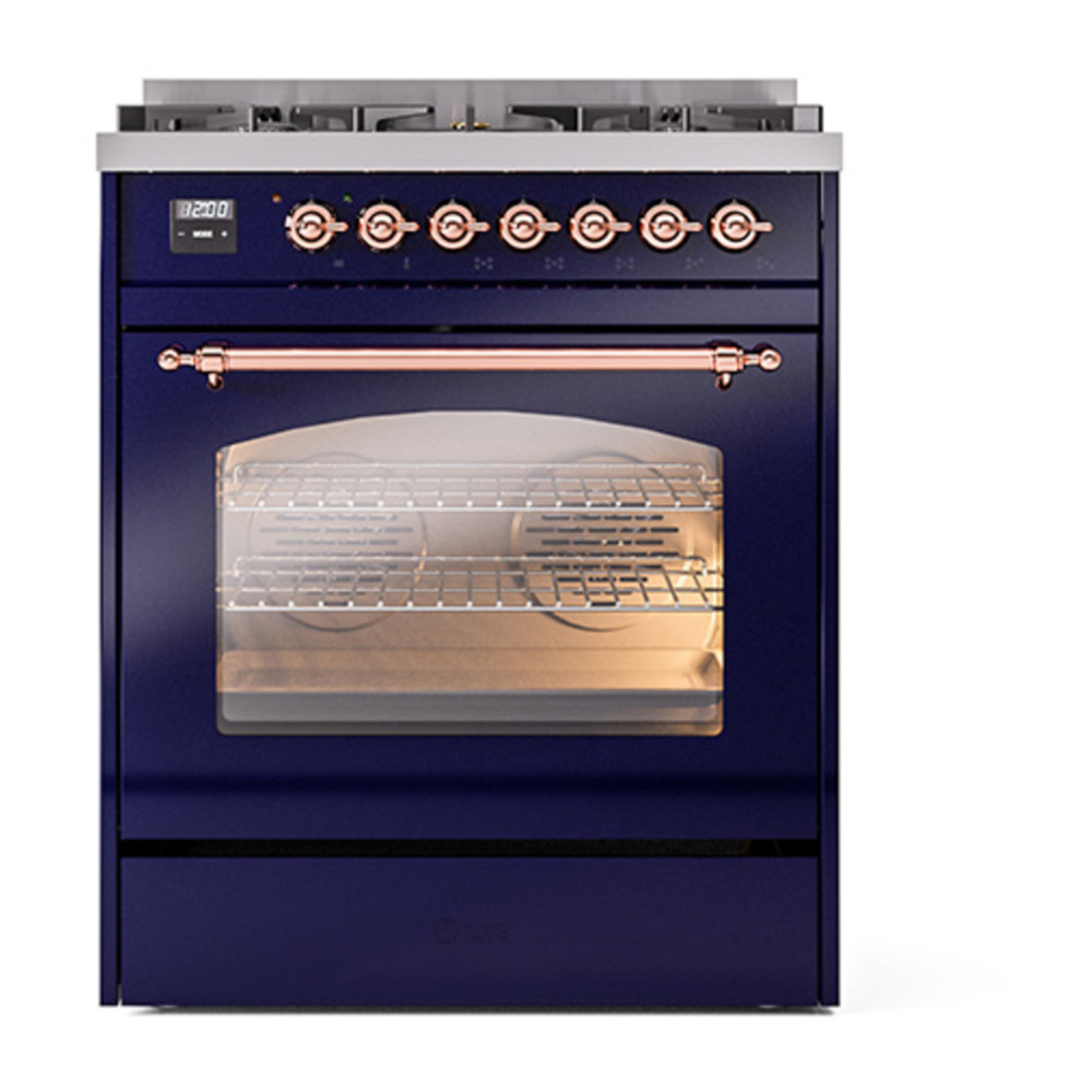ILVE UP30NMPMBP Nostalgie II 30 inch Dual Fuel Range with 5 Burners with 4 cu. ft. Oven Capacity (Natural Gas, Triple Glass Door, Midnight Blue, Copper) 5 ILVE_UP30NMPMBP_Nostalgie_II_30"_Dual_Fuel_Range_front_view