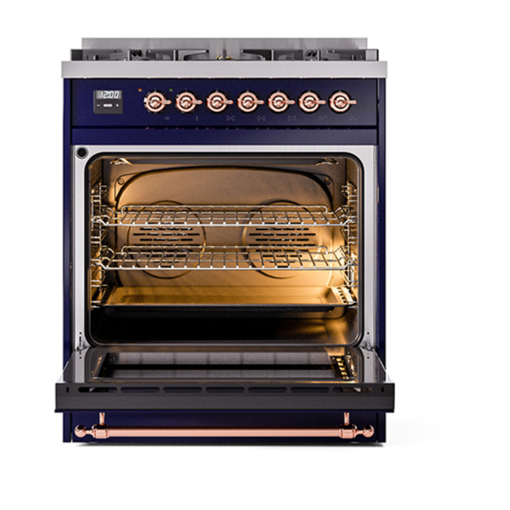 ILVE UP30NMPMBP Nostalgie II 30 inch Dual Fuel Range with 5 Burners with 4 cu. ft. Oven Capacity (Natural Gas, Triple Glass Door, Midnight Blue, Copper) 6 ILVE_UP30NMPMBP_Nostalgie_II_30"_Dual_Fuel_Range_oven_door_opened