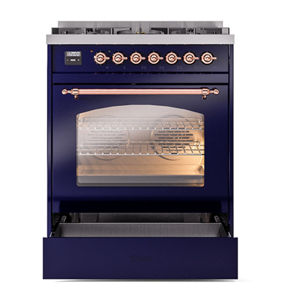 ILVE UP30NMPMBP Nostalgie II 30 inch Dual Fuel Range with 5 Burners with 4 cu. ft. Oven Capacity (Natural Gas, Triple Glass Door, Midnight Blue, Copper) 7 ILVE_UP30NMPMBP_Nostalgie_II_30"_Dual_Fuel_Range_drawer_opened