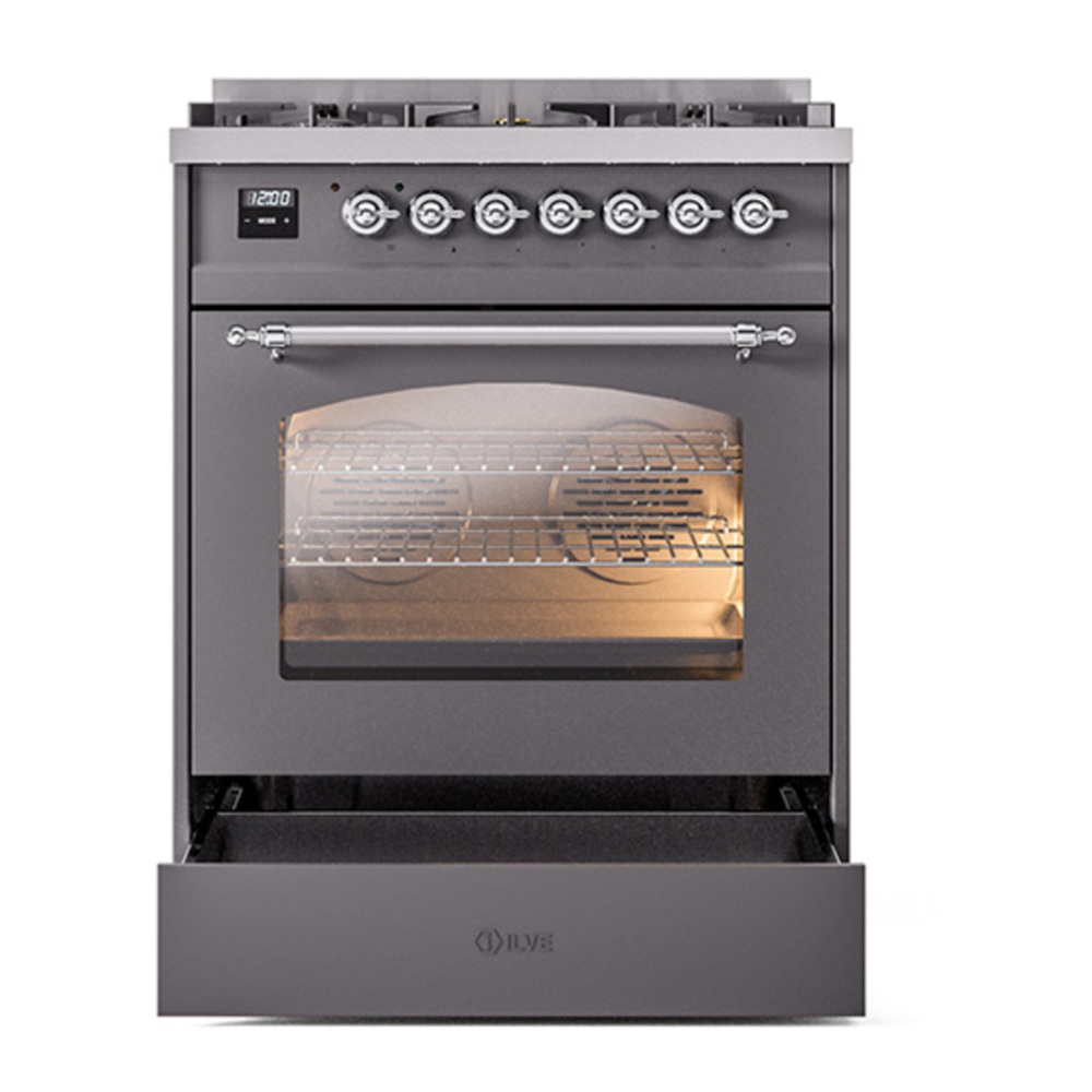 ILVE UP30NMPMGCLP Nostalgie II 30 inch Dual Fuel Range with 5 Burners with 4 cu. ft. Oven Capacity (Liquid Propane, Triple Glass Door, Graphite Matte, Chrome) 7 ILVE_UP30NMPMGCLP_Nostalgie_II_30"_Dual_Fuel_Range_drawer_opened