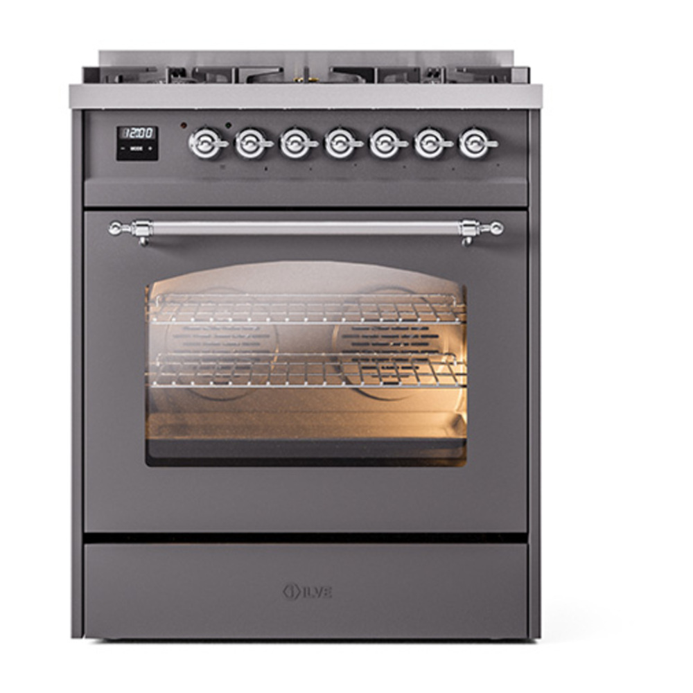 ILVE UP30NMPMGC Nostalgie II 30 inch Dual Fuel Range with 5 Burners with 4 cu. ft. Oven Capacity (Natural Gas, Triple Glass Door, Graphite Matte, Chrome) 5 ILVE_UP30NMPMGC_Nostalgie_II_30"_Dual_Fuel_Range_front_view