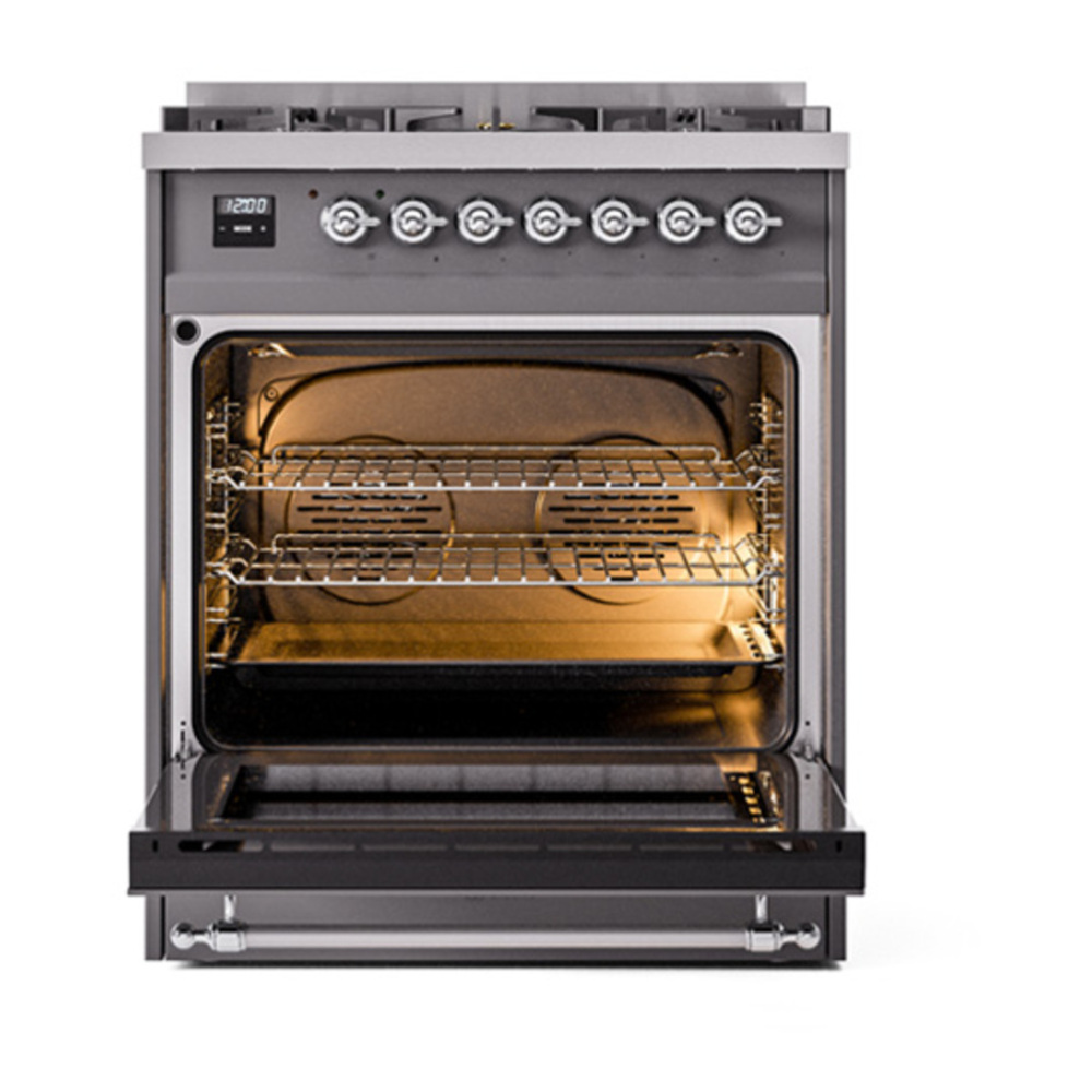ILVE UP30NMPMGC Nostalgie II 30 inch Dual Fuel Range with 5 Burners with 4 cu. ft. Oven Capacity (Natural Gas, Triple Glass Door, Graphite Matte, Chrome) 6 ILVE_UP30NMPMGC_Nostalgie_II_30"_Dual_Fuel_Range_oven_door_opened