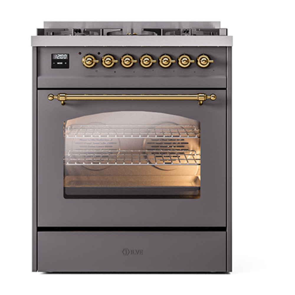 ILVE UP30NMPMGG Nostalgie II 30 inch Dual Fuel Range with 5 Burners with 4 cu. ft. Oven Capacity (Natural Gas, Triple Glass Door, Graphite Matte, Brass) 5 ILVE_UP30NMPMGG_Nostalgie_II_30"_Dual_Fuel_Range_front_view