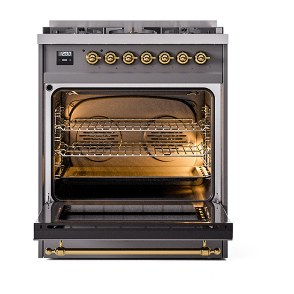ILVE UP30NMPMGG Nostalgie II 30 inch Dual Fuel Range with 5 Burners with 4 cu. ft. Oven Capacity (Natural Gas, Triple Glass Door, Graphite Matte, Brass) 6 ILVE_UP30NMPMGG_Nostalgie_II_30"_Dual_Fuel_Range_oven_door_opened