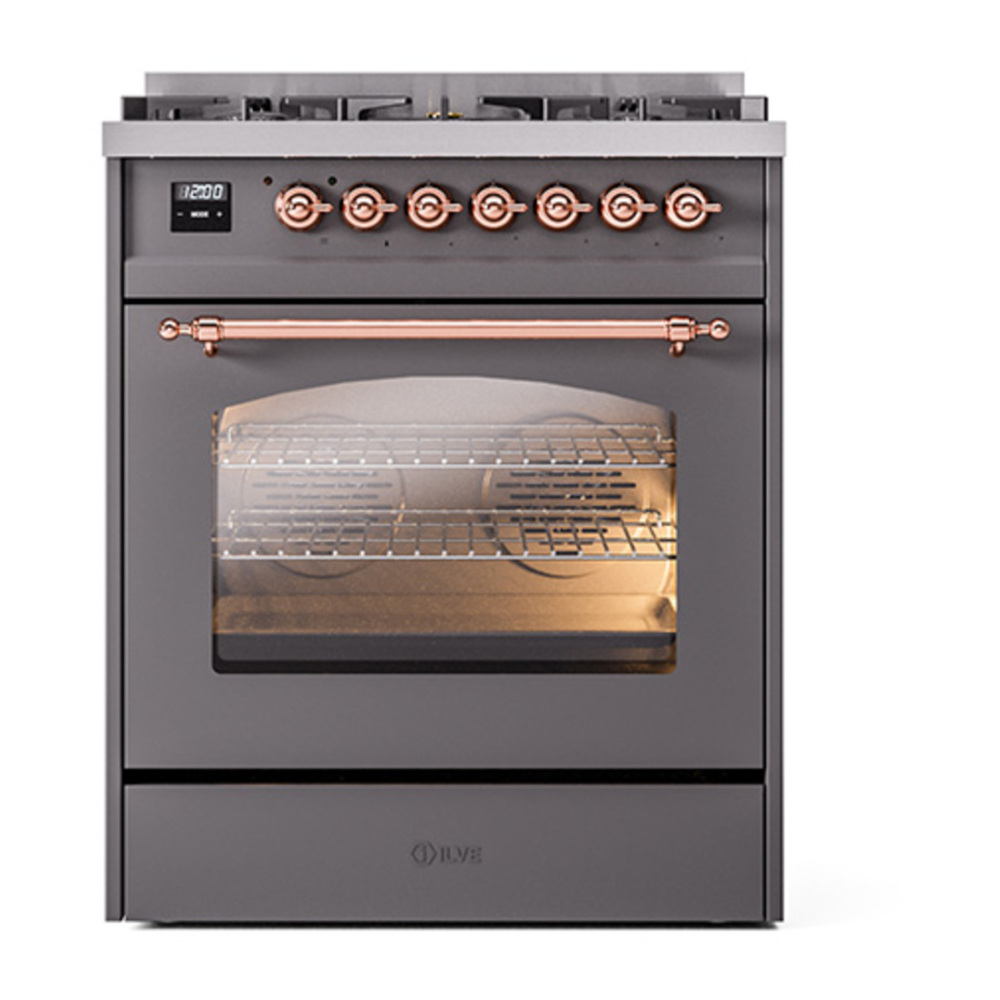 ILVE UP30NMPMGPLP Nostalgie II 30 inch Dual Fuel Range with 5 Burners with 4 cu. ft. Oven Capacity (Liquid Propane, Triple Glass Door, Graphite Matte, Copper) 5 ILVE_UP30NMPMGPLP_Nostalgie_II_30"_Dual_Fuel_Range_front_view