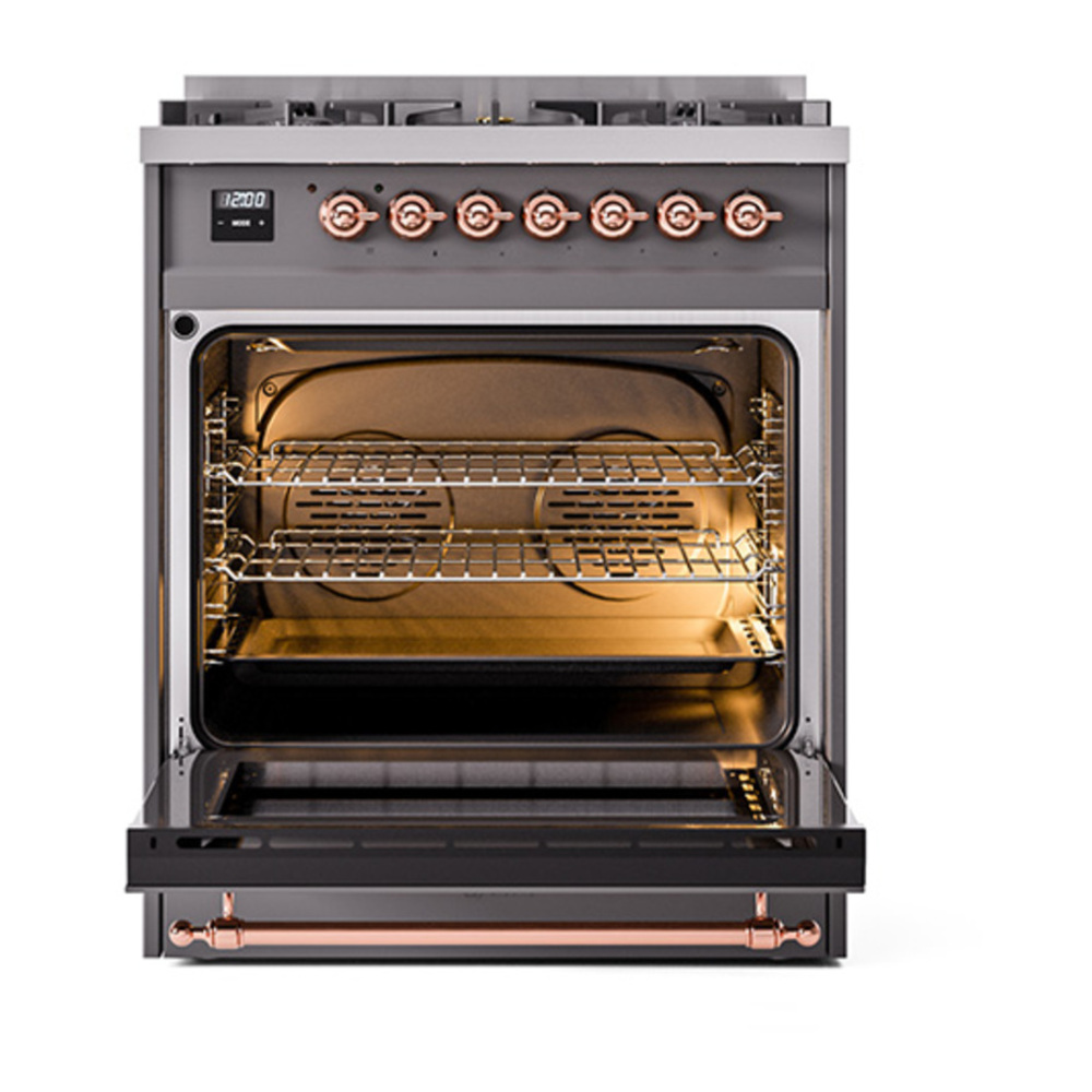 ILVE UP30NMPMGPLP Nostalgie II 30 inch Dual Fuel Range with 5 Burners with 4 cu. ft. Oven Capacity (Liquid Propane, Triple Glass Door, Graphite Matte, Copper) 6 ILVE_UP30NMPMGPLP_Nostalgie_II_30"_Dual_Fuel_Range_oven_door_opened