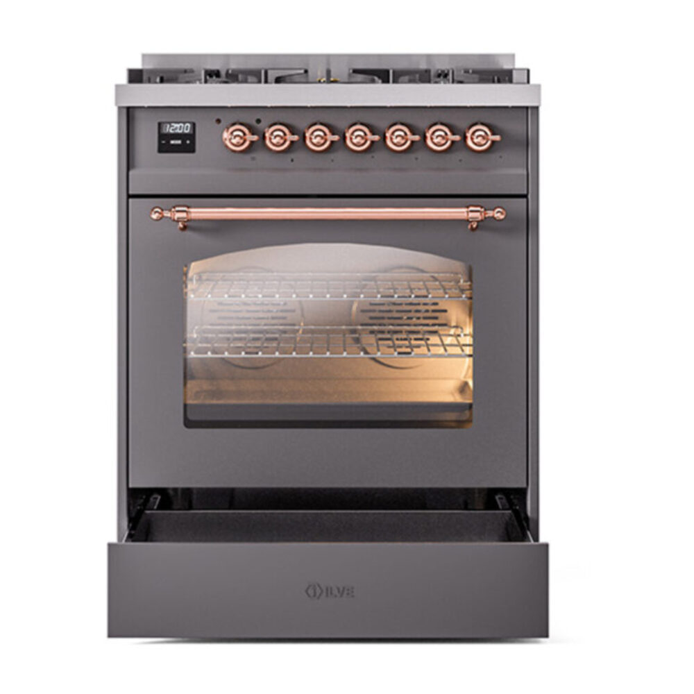 ILVE_UP30NMPMGPLP_Nostalgie_II_30"_Dual_Fuel_Range_drawer_opened