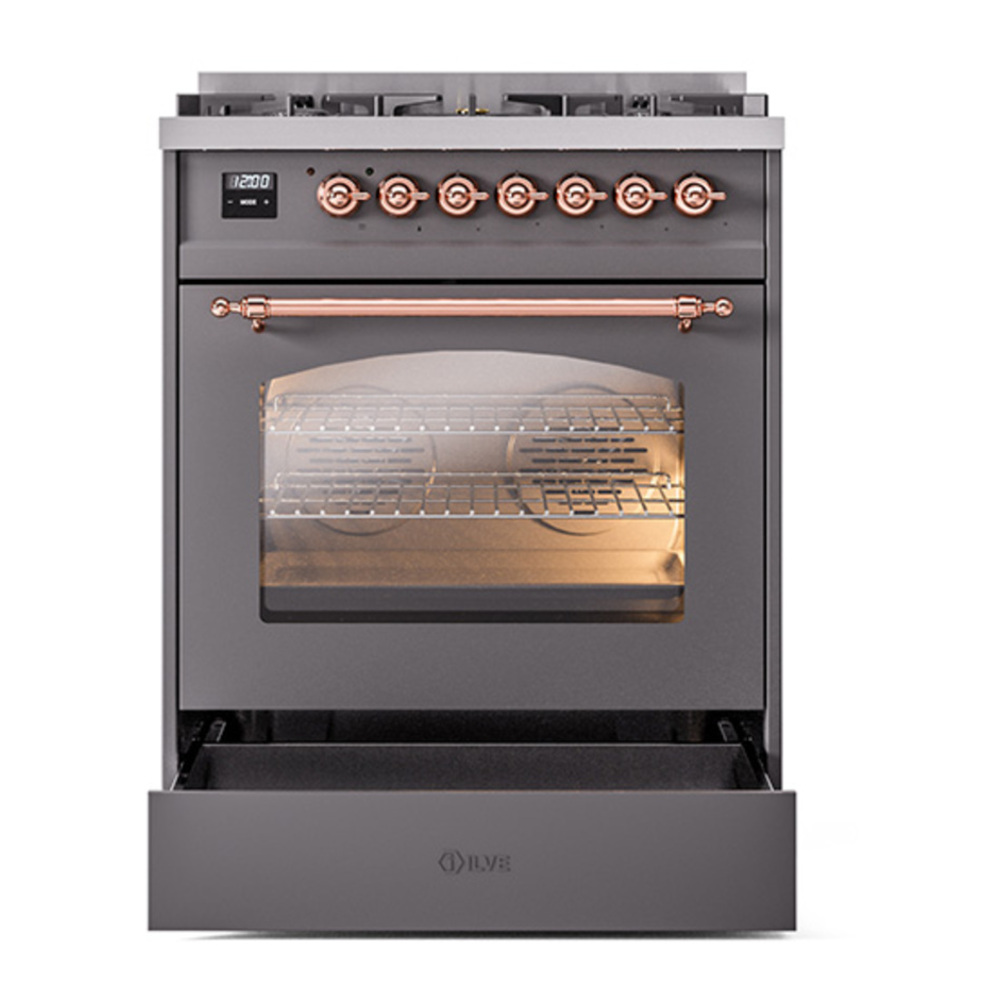 ILVE UP30NMPMGPLP Nostalgie II 30 inch Dual Fuel Range with 5 Burners with 4 cu. ft. Oven Capacity (Liquid Propane, Triple Glass Door, Graphite Matte, Copper) 7 ILVE_UP30NMPMGPLP_Nostalgie_II_30"_Dual_Fuel_Range_drawer_opened