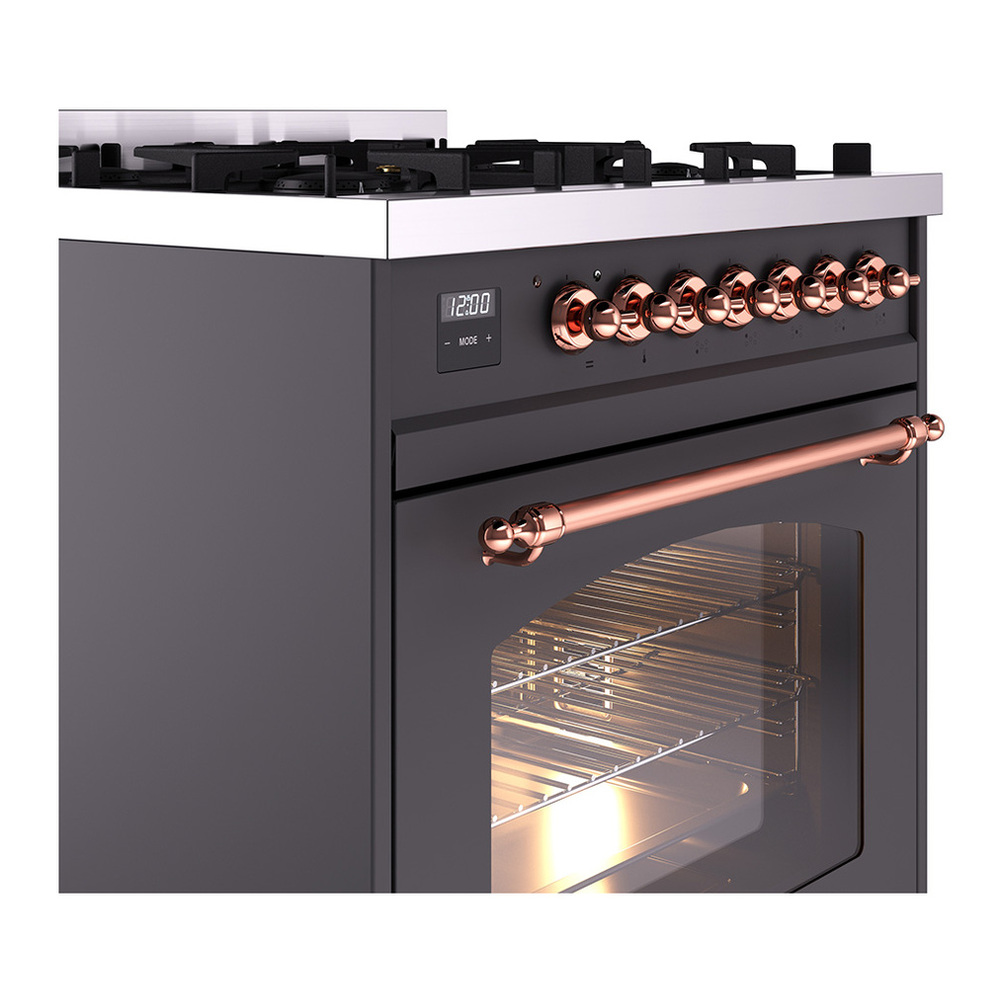 ILVE UP30NMPMGPLP Nostalgie II 30 inch Dual Fuel Range with 5 Burners with 4 cu. ft. Oven Capacity (Liquid Propane, Triple Glass Door, Graphite Matte, Copper) 8 ILVE_UP30NMPMGPLP_Nostalgie_II_30"_Dual_Fuel_Range_details