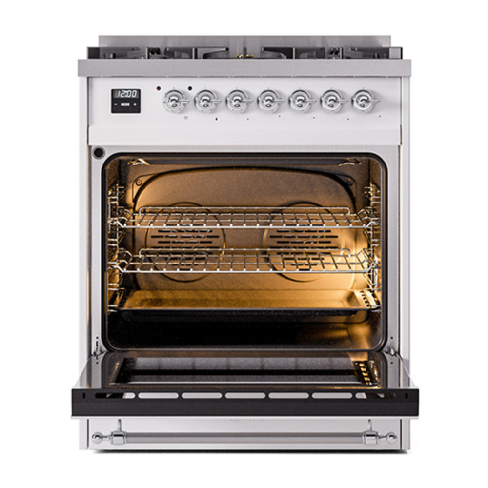 ILVE UP30NMPRAC Nostalgie II 30 inch Dual Fuel Range with 5 Burners with 4 cu. ft. Oven Capacity (Natural Gas, Triple Glass Door, RAL, Chrome) 6 ILVE_UP30NMPRAC_Nostalgie_II_30"_Dual_Fuel_Range_oven_door_opened