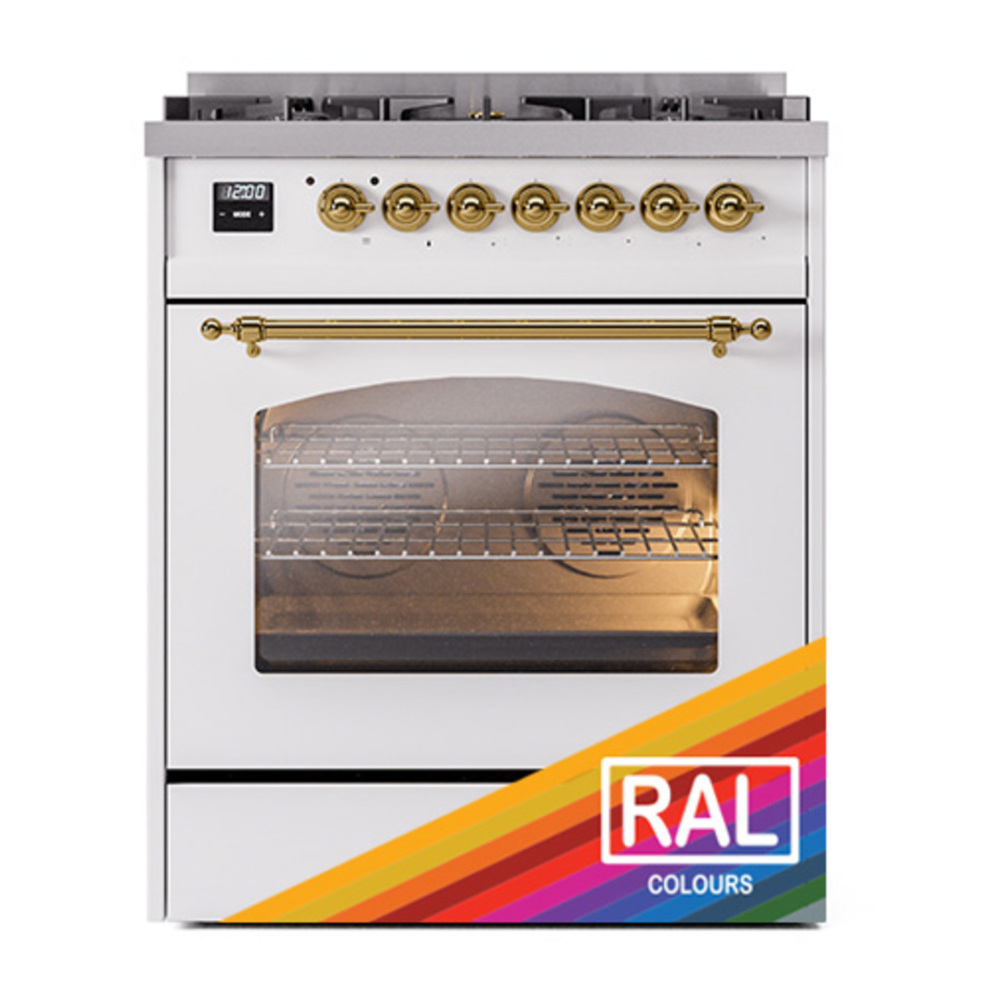 ILVE UP30NMPRAGLP Nostalgie II 30 inch Dual Fuel Range with 5 Burners with 4 cu. ft. Oven Capacity (Liquid Propane, Triple Glass Door, RAL, Brass) 5 ILVE_UP30NMPRAGLP_Nostalgie_II_30"_Dual_Fuel_Range_front_view
